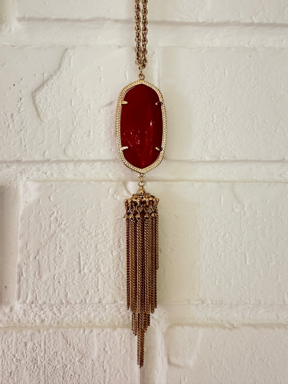 Kendra Scott Rayne Tassel Bright Red Pendant Gold Tone Long Necklace